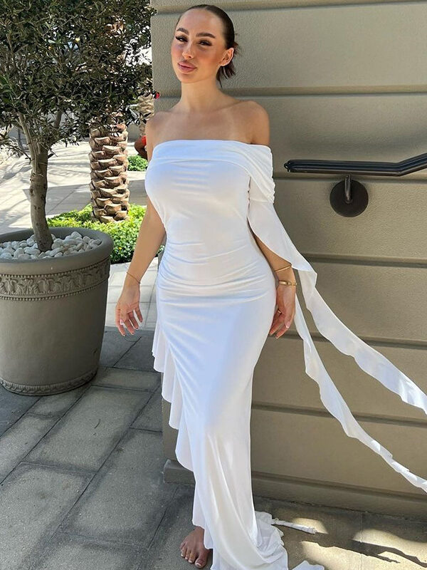 Off-Shoulder Pleated Slim-Fit Dress