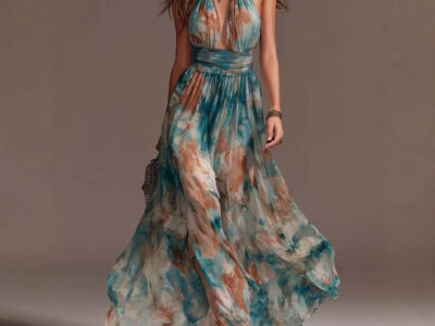 Halterneck Backless Casual Long Dress With Ink-wash Floral Print