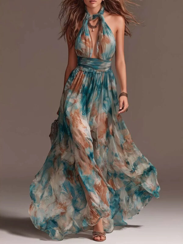 Halterneck Backless Ink-Wash Floral Maxi Dress