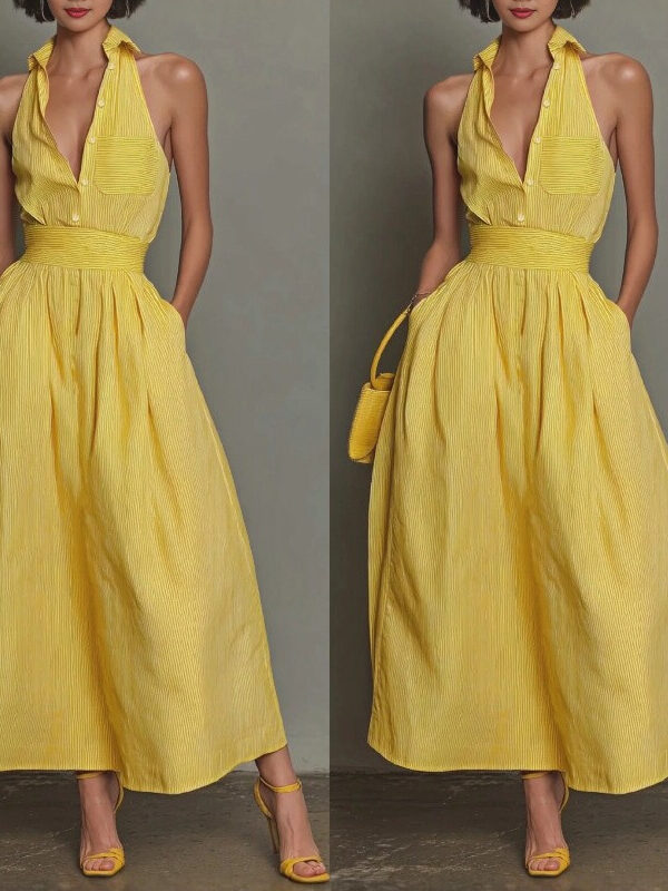 Yellow-striped V-neck, Waist-cinched, Sleeveless Dress That The