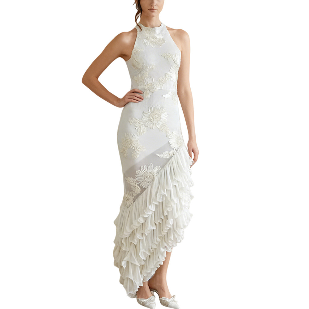 Sleeveless Off-shoulder Dress With Three-dimensional Embroidery And Ruffled Hem - Image 5