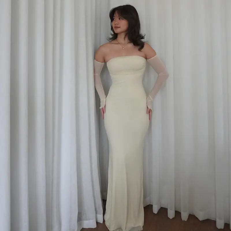 Summer New Tube Top Off-neck Off-the-shoulder Stitching Long Sleeve Tight Dress - Image 4