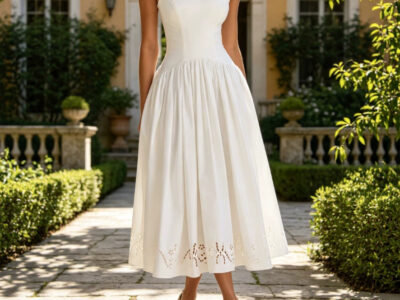 Halter-neck Embroidered Waist-cinching A-line Dress