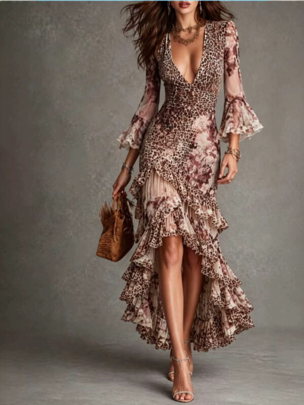 French-style Vintage Leopard-print Flared-sleeve Floral-lace Waist-cinching Asymmetrical Maxi Dress