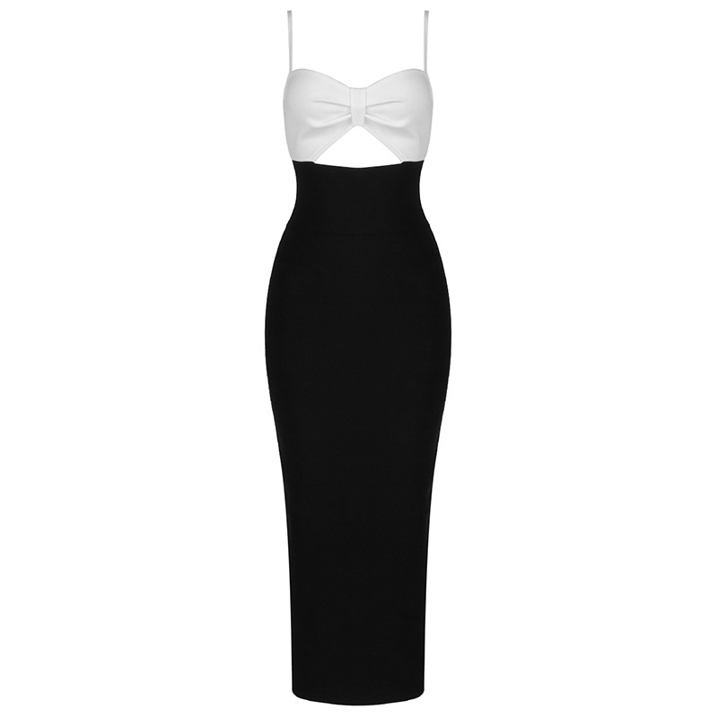 Fashion Waist Hollow Design New Sexy Solid Color V-Neck Halter Celebrity Party Club Bandage Long Dress - Image 4