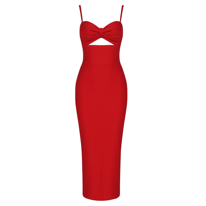 Fashion Waist Hollow Design New Sexy Solid Color V-Neck Halter Celebrity Party Club Bandage Long Dress - Image 5