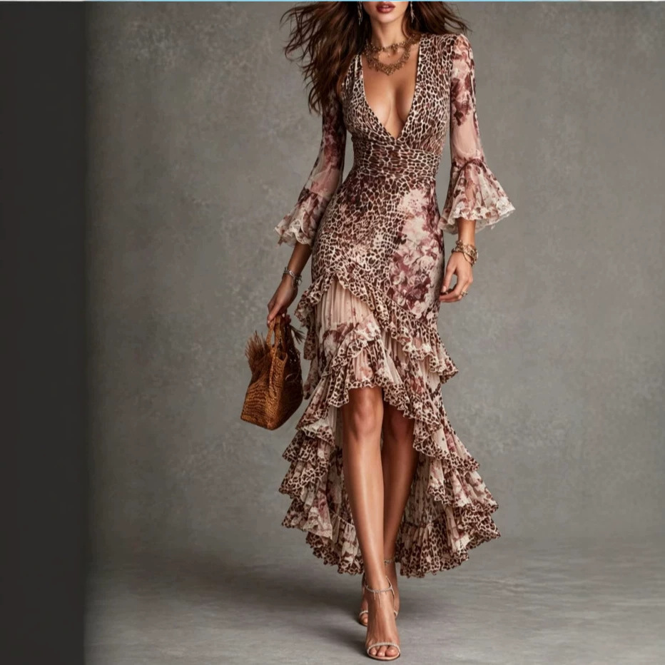 French-style Vintage Leopard-print Flared-sleeve Floral-lace Waist-cinching Asymmetrical Maxi Dress - Image 4