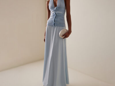 Deep-V Plunging Back Three-dimensional Floral Dress