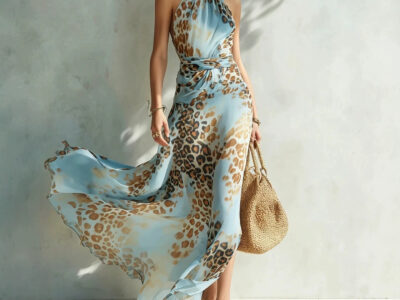 Leopard-print Sleeveless Maxi Dress Halter-neck Printed Gown