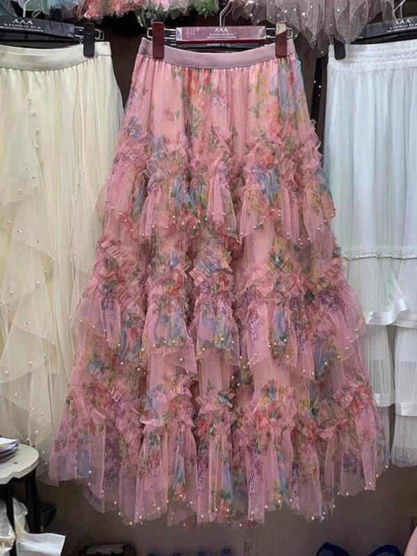 Beaded Patchwork Printed Tulle Skirt