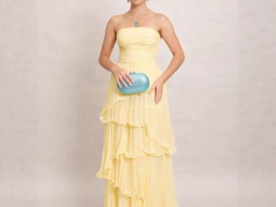 Solid-color Strapless Waist-cinching Tiered Pleated Dress