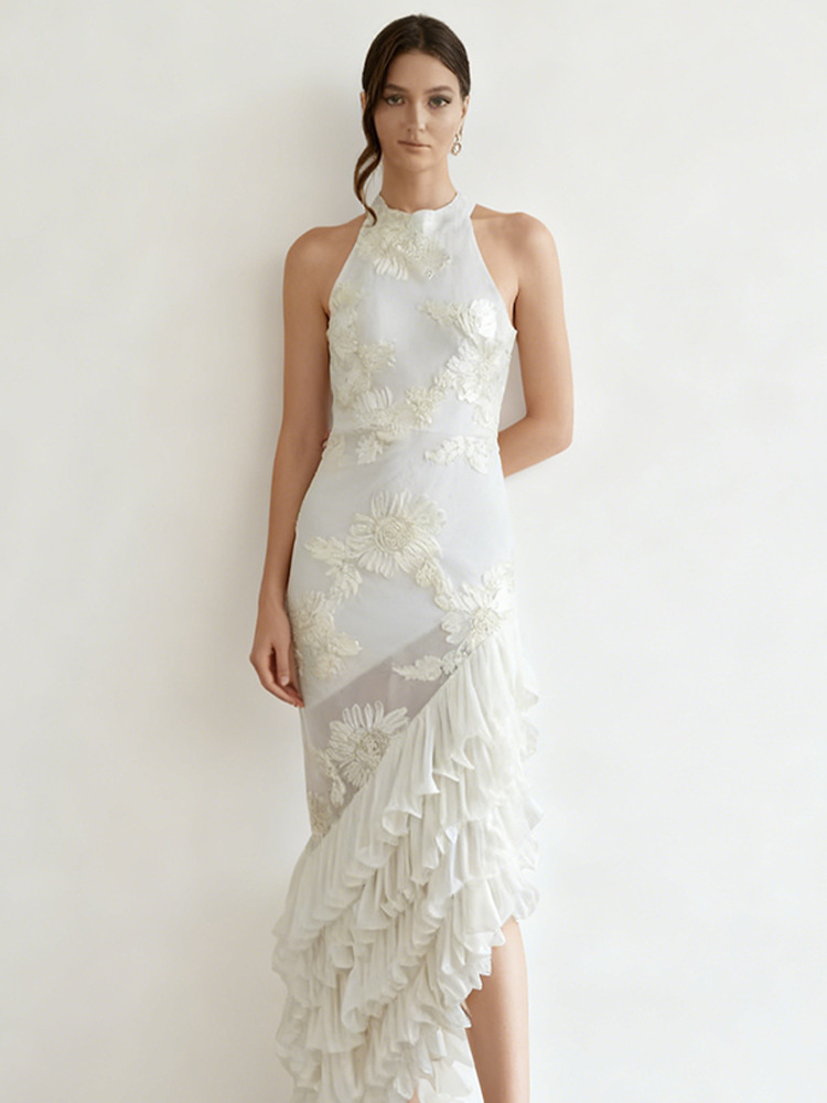 Sleeveless Off-shoulder Dress With Three-dimensional Embroidery And Ruffled Hem - Image 6