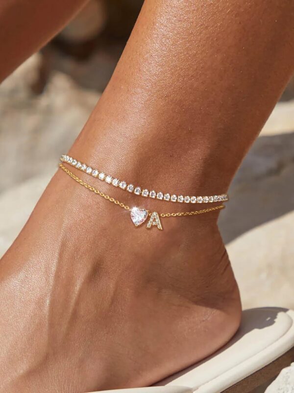 Zircon Heart Letter Layered Anklet