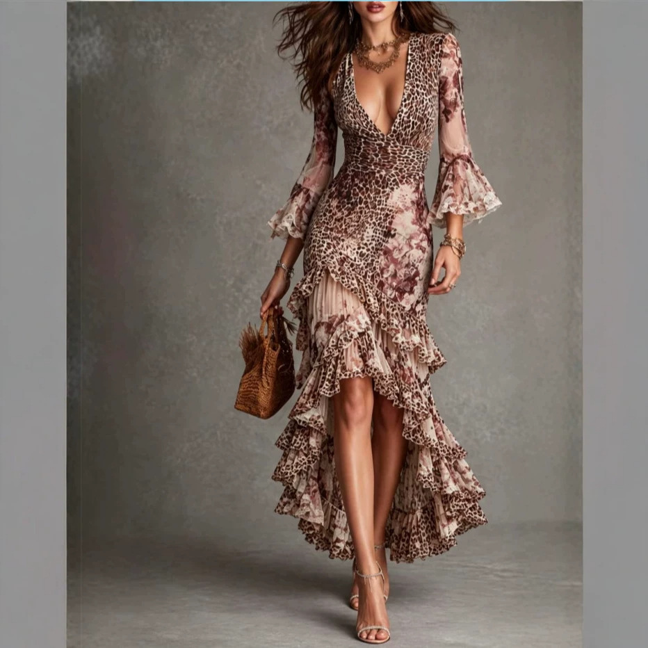 French-style Vintage Leopard-print Flared-sleeve Floral-lace Waist-cinching Asymmetrical Maxi Dress - Image 2