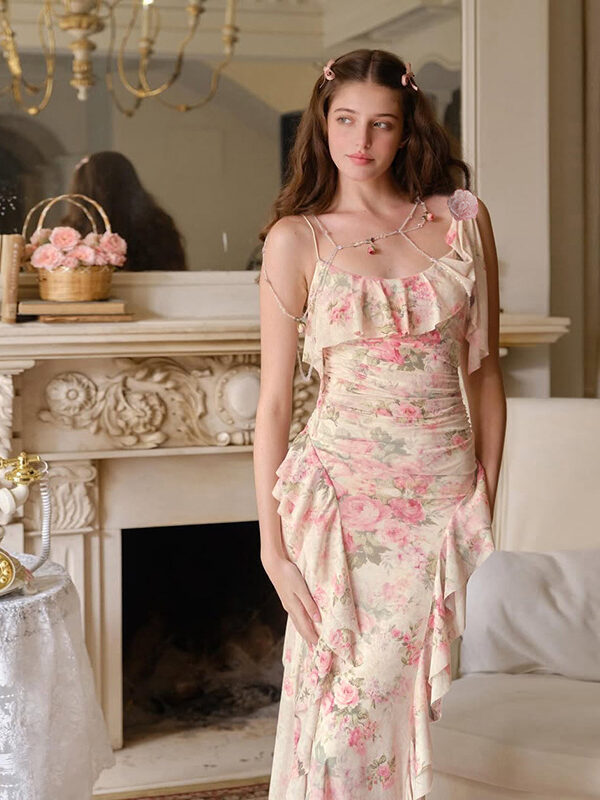 Printed Sleeveless Sling High-Waist Dress
