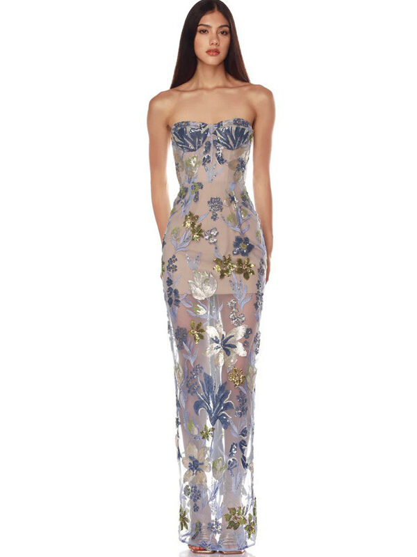 Embroidered Beaded Strapless Floral Dress