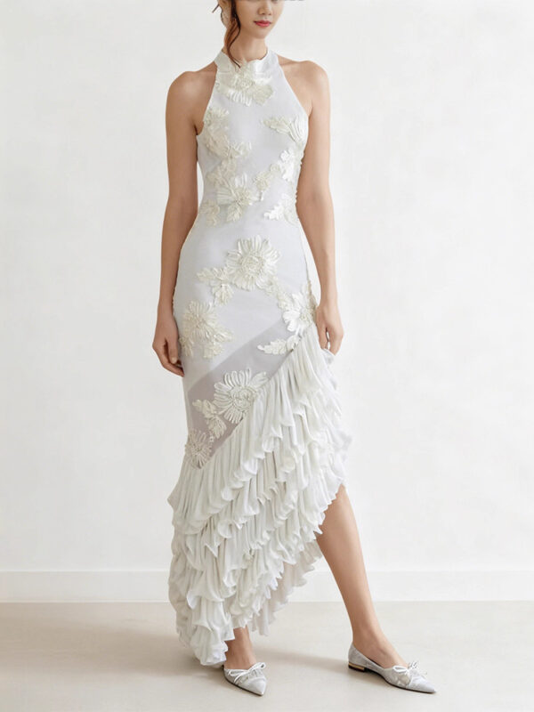 Sleeveless Off-shoulder Dress With Three-dimensional Embroidery And Ruffled Hem