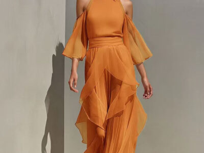 Womens Chiffon Blouse And Flare-sleeve Straight-leg Pants Set