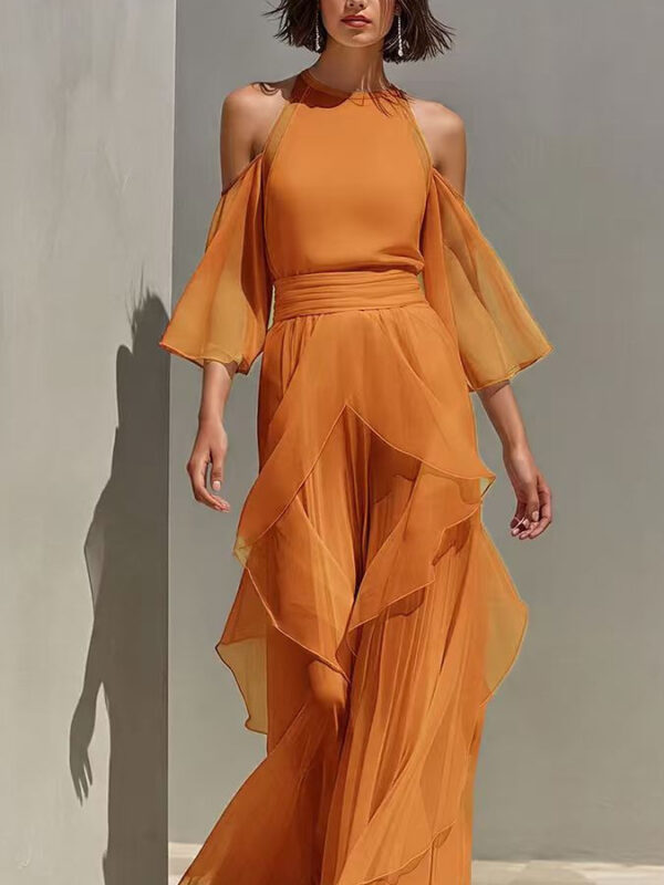 Chiffon Blouse & Flare Sleeve Pants Set