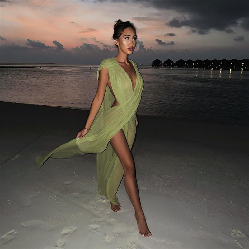 Fashion Women's Pullover Deep V Sheer Mesh Dress - Image 3