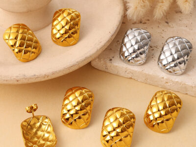INS Style Quilted Pattern Stainless Steel Stud Earrings, 18K Gold Plated, High-End Niche Design Earrings