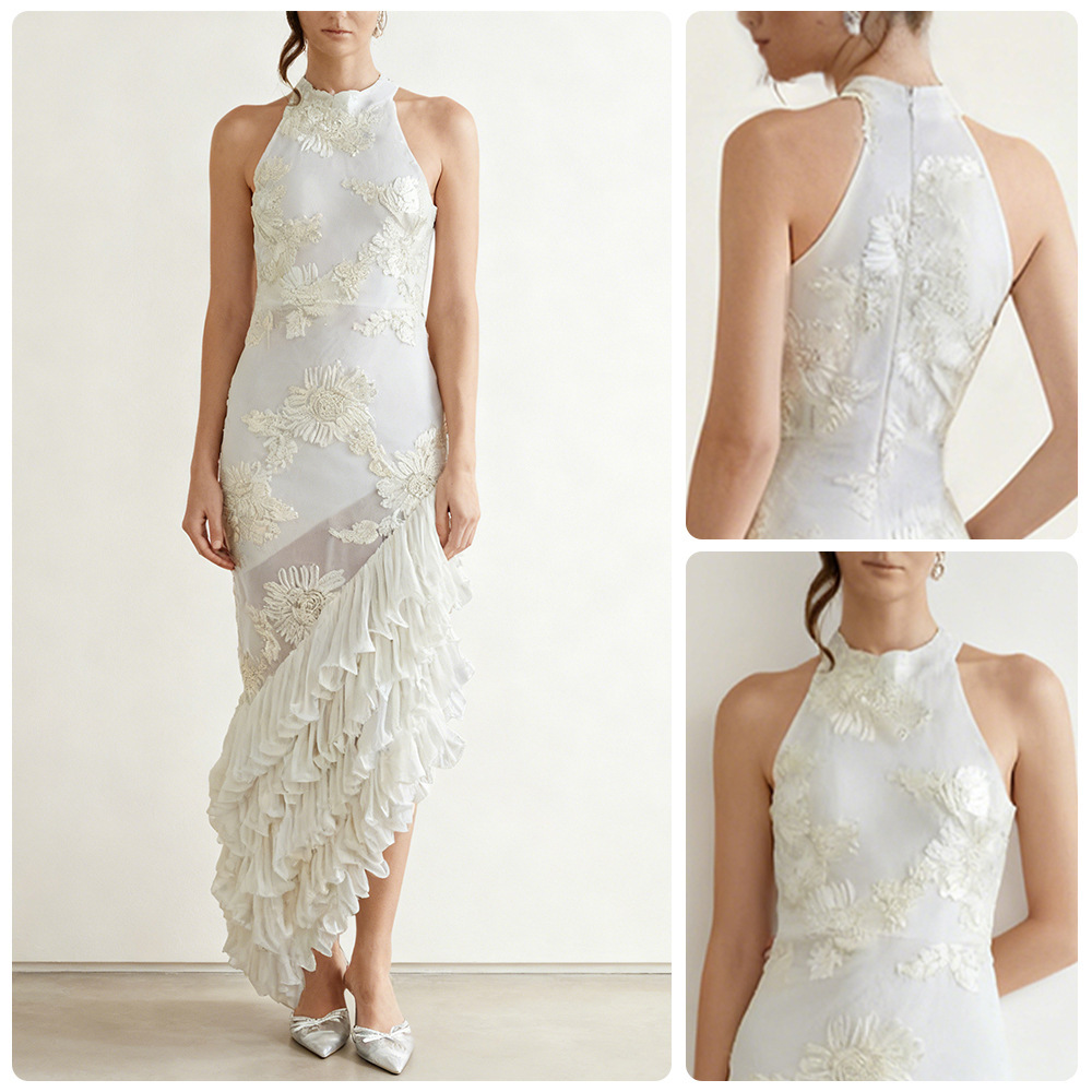 Sleeveless Off-shoulder Dress With Three-dimensional Embroidery And Ruffled Hem - Image 2