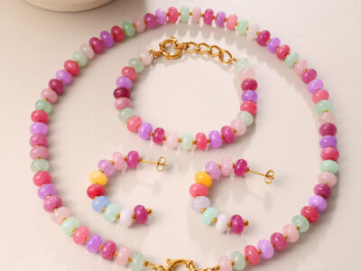 Irregular Colorful Beaded Earrings, Bracelet & Necklace Stainless Steel Vacation Style Dopamine Light Luxury Jewelry Set