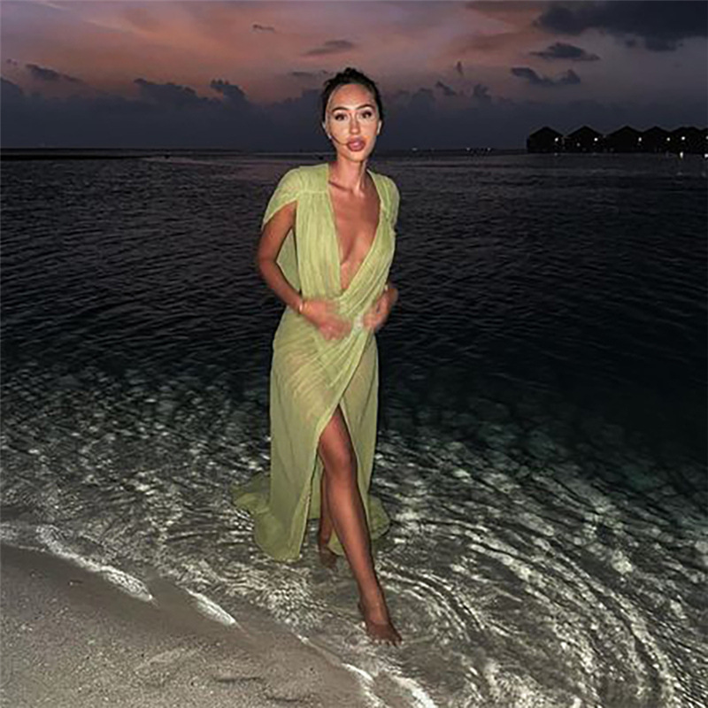 Fashion Women's Pullover Deep V Sheer Mesh Dress - Image 2