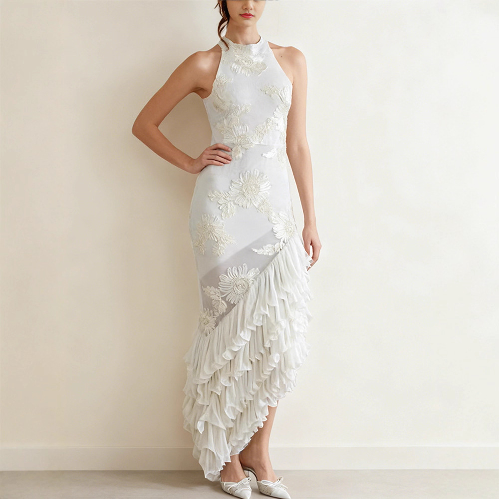 Sleeveless Off-shoulder Dress With Three-dimensional Embroidery And Ruffled Hem - Image 4