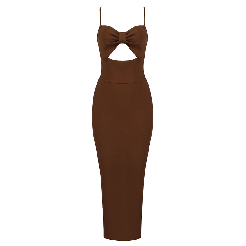 Fashion Waist Hollow Design New Sexy Solid Color V-Neck Halter Celebrity Party Club Bandage Long Dress - Image 6
