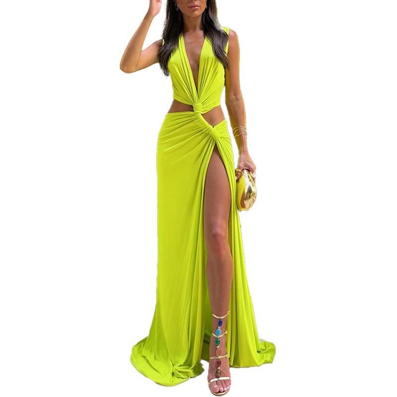 Hollow Knot Slit V-neck Sleeveless Pleated Irregular Dress - Image 5