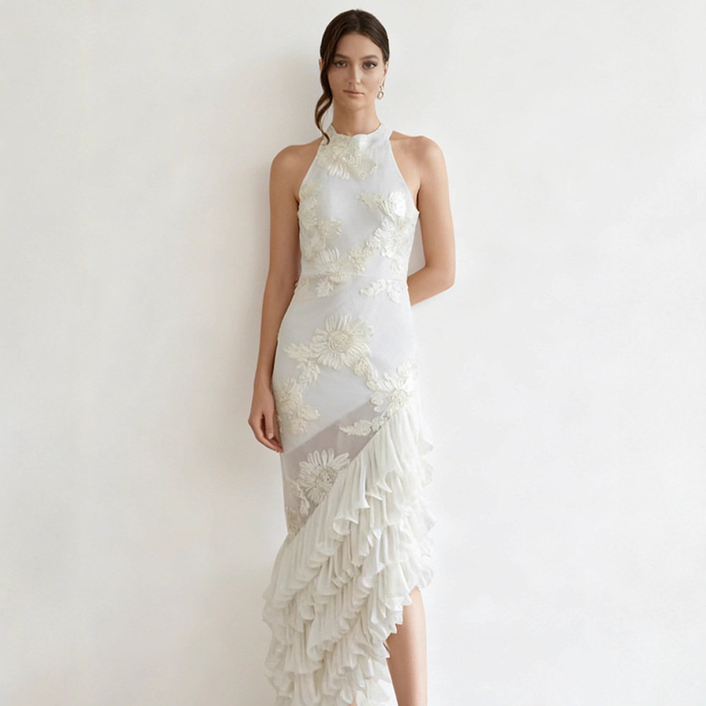 Sleeveless Off-shoulder Dress With Three-dimensional Embroidery And Ruffled Hem - Image 3